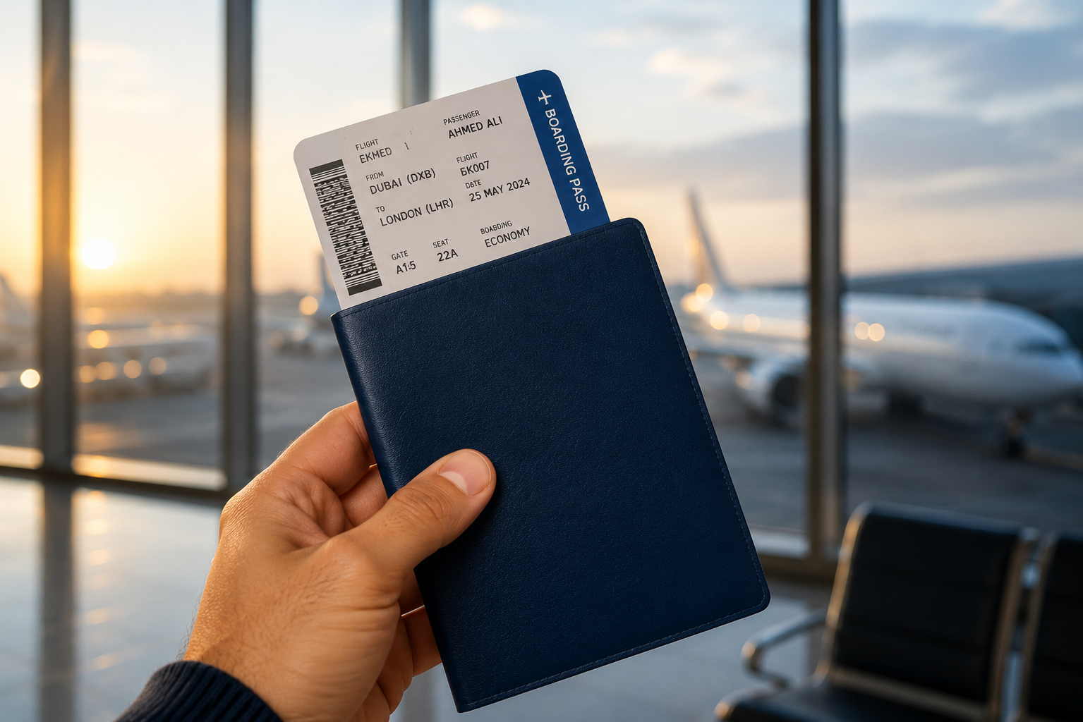 ummy ticket for visa application with flight reservation at an airport terminal