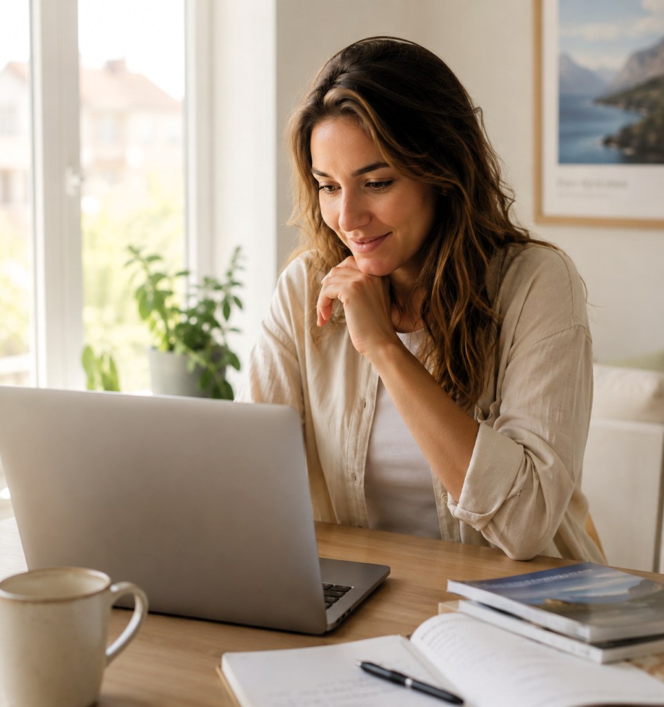 Travellers planning an international journey with travel documents before a visa application.